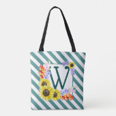 Monogram Zonnebloemen Blauwgroen strips Tote Bag (Achterkant)