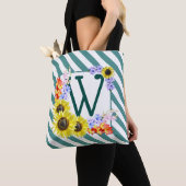 Monogram Zonnebloemen Blauwgroen strips Tote Bag (Dichtbij)