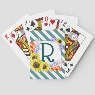 Monogram Zonnebloemen Diagonale Blauwgroen strepen Pokerkaarten