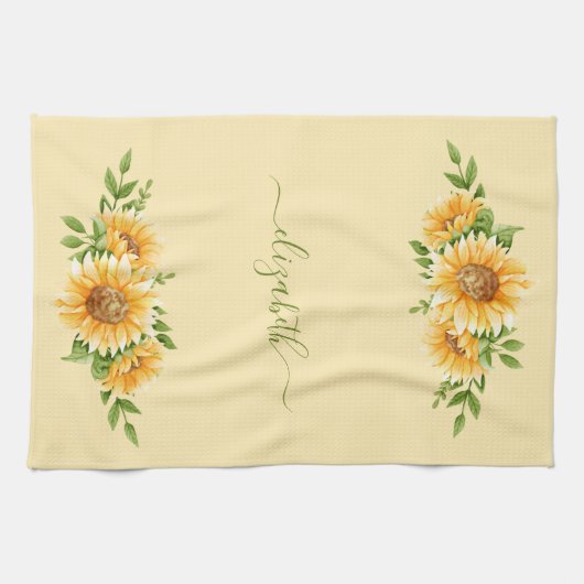 Monogram Zonnebloemen Geel Groene Bloemen Theedoek (Horizontaal)