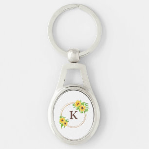 Monogram Zonnebloemen Gouden Frame Groene Bladeren Sleutelhanger