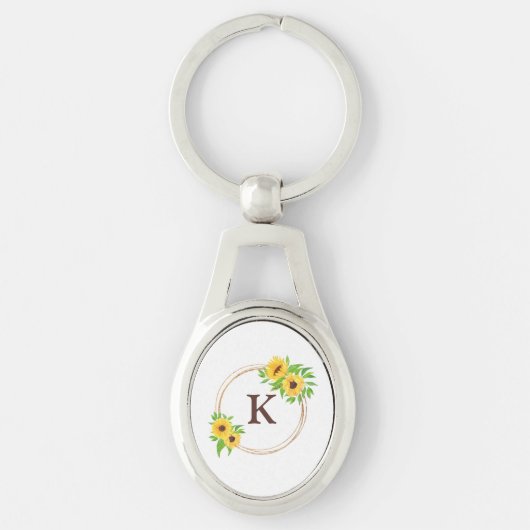 Monogram Zonnebloemen Gouden Frame Groene Bladeren Sleutelhanger (Voorkant)
