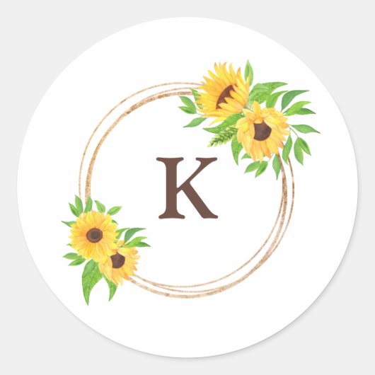 Monogram Zonnebloemen Groene Bladeren Rustieke Env Ronde Sticker (Voorkant)