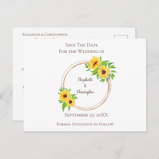 Monogram Zonnebloemen Groene Bladeren Rustieke Tro Aankondigingskaart (Voorkant / Achterkant)