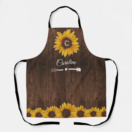 Monogram Zonnebloemen Houten Keuken Schort (Voorkant)