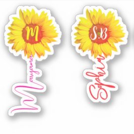 (Monogram Zonnebloemen voor Meisjes) Handgeschreve Sticker