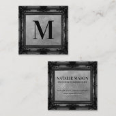 Monogram | Zwart Antiek Lijst | Grijze textuur Vierkante Visitekaartje (Voorkant / Achterkant)
