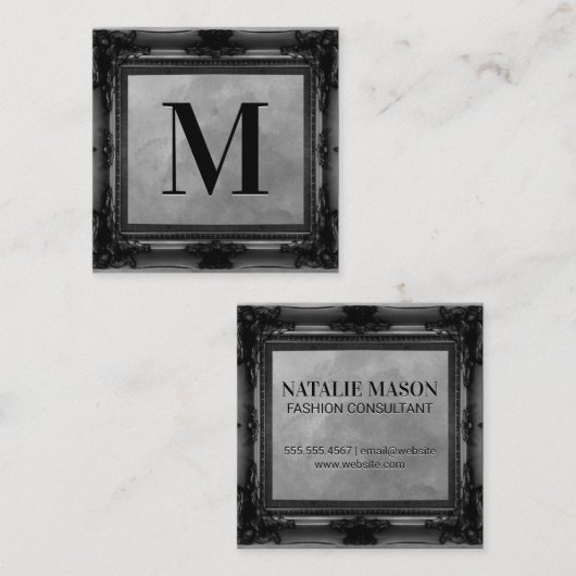 Monogram | Zwart Antiek Lijst | Grijze textuur Vierkante Visitekaartje (Voorkant / Achterkant)