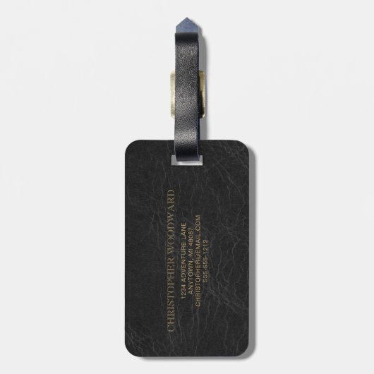 Monogram zwart bladleder goudcirkels zwart bagagelabel (Achterkant verticaal)
