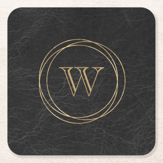 Monogram zwart bladleder goudcirkels zwart kartonnen onderzetters (Voorkant)