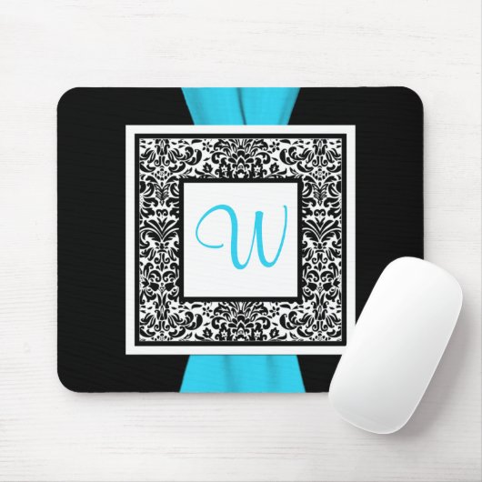 Monogram zwart, blauw, witte Damask Mousepad Muismat (Met muis)