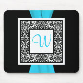 Monogram zwart, blauw, witte Damask Mousepad Muismat (Voorkant)