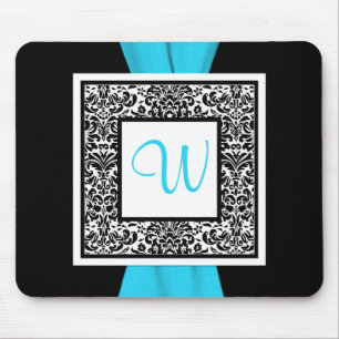 Monogram zwart, blauw, witte Damask Mousepad Muismat