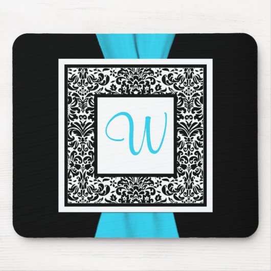 Monogram zwart, blauw, witte Damask Mousepad Muismat (Voorkant)