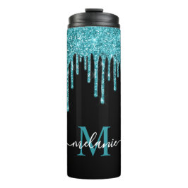 Monogram zwart Blauwgroen blauw glitter Thermosbeker