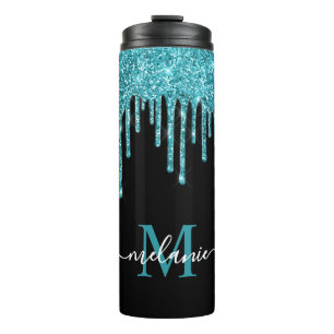 Monogram zwart Blauwgroen blauw glitter Thermosbeker