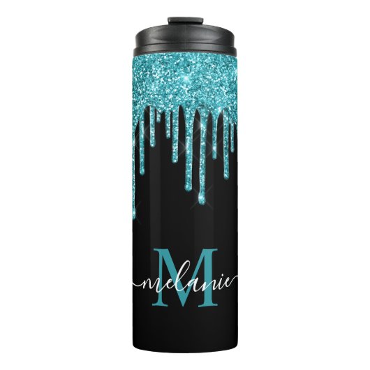 Monogram zwart Blauwgroen blauw glitter Thermosbeker (Voorkant)