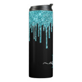Monogram zwart Blauwgroen blauw glitter Thermosbeker (Gedraaid links)