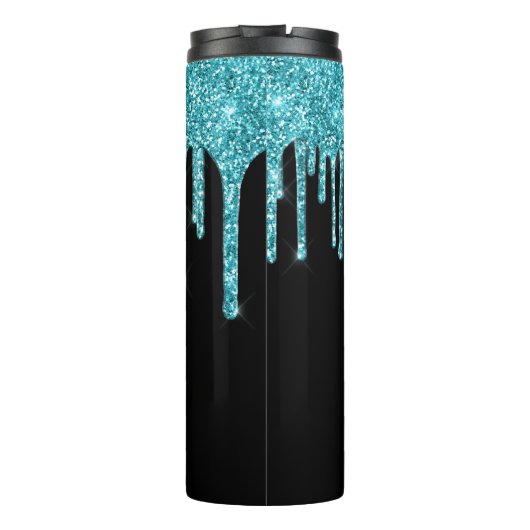 Monogram zwart Blauwgroen blauw glitter Thermosbeker (Achterkant)