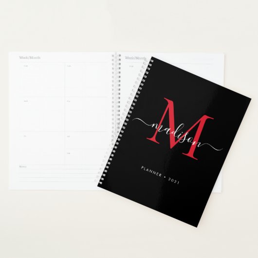 Monogram Zwart Bourgondië Girly Script Naam 2021 Planner (Display)