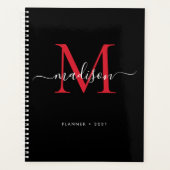 Monogram Zwart Bourgondië Girly Script Naam 2021 Planner (Voorkant)