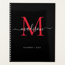 Monogram Zwart Bourgondië Girly Script Naam 2021 Planner