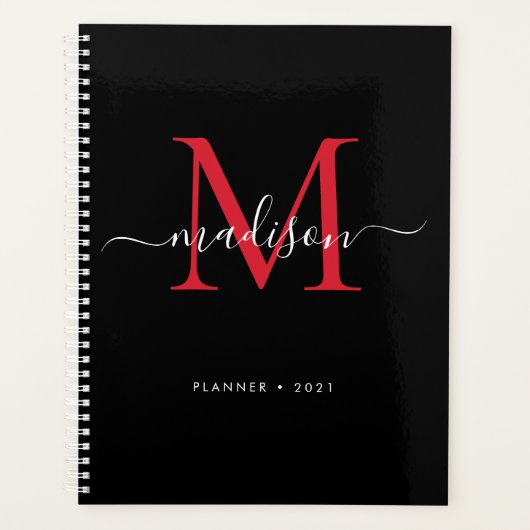 Monogram Zwart Bourgondië Girly Script Naam 2021 Planner (Voorkant)