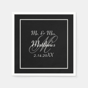 Monogram zwart bruid bruidegom datum bruiloft servet