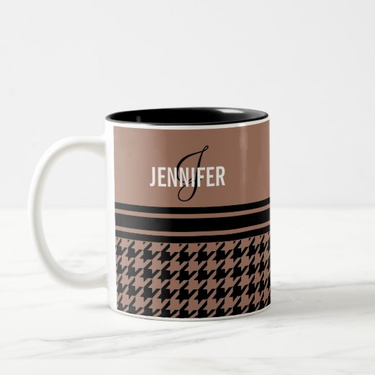 Monogram zwart bruin houndstooth naam tweekleurige koffiemok (Links)