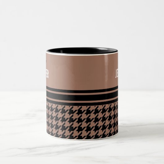 Monogram zwart bruin houndstooth naam tweekleurige koffiemok (Center)
