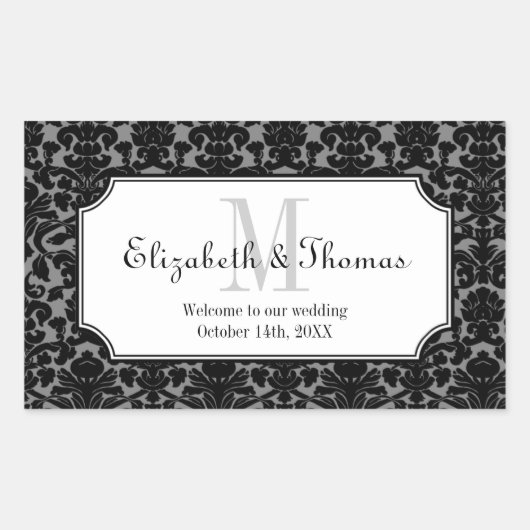 Monogram zwart damask lijst uit de stad geschenkza rechthoekige sticker (Voorkant)