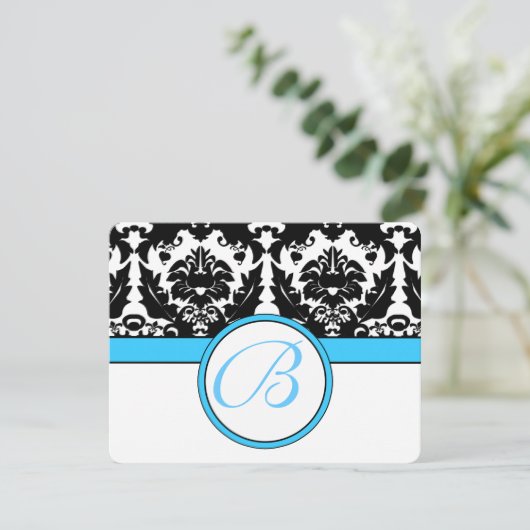 Monogram zwart Damask met Blauwgroen Aqua Blue Tri RSVP Kaartje (Staand voorkant)