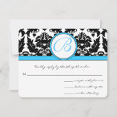 Monogram zwart Damask met Blauwgroen Aqua Blue Tri RSVP Kaartje (Achterkant)