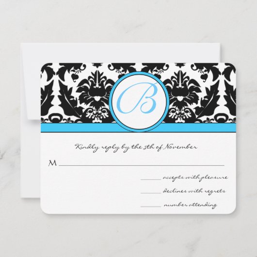 Monogram zwart Damask met Blauwgroen Aqua Blue Tri RSVP Kaartje (Achterkant)