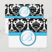 Monogram zwart Damask met Blauwgroen Aqua Blue Tri RSVP Kaartje (Voorkant / Achterkant)