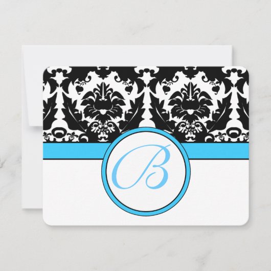 Monogram zwart Damask met Blauwgroen Aqua Blue Tri RSVP Kaartje (Voorkant)