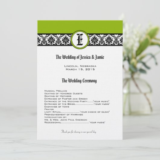 Monogram Zwart Damast Wedding Programma Programmakaart (Staand voorkant)