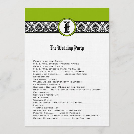 Monogram Zwart Damast Wedding Programma Programmakaart (Achterkant)