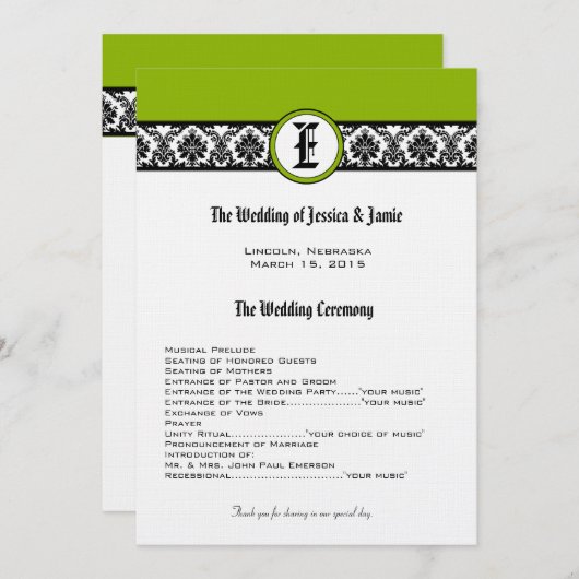 Monogram Zwart Damast Wedding Programma Programmakaart (Voorkant / Achterkant)