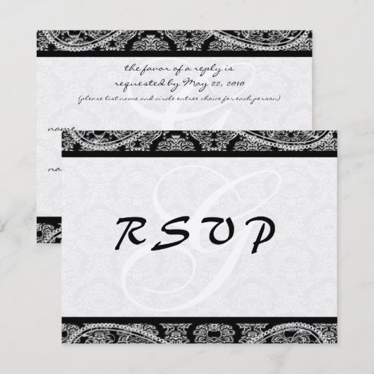 Monogram Zwart Damast Wedding Response RSVP (Voorkant / Achterkant)