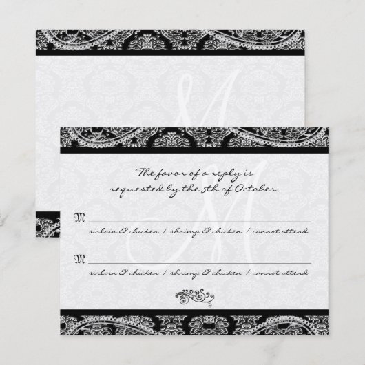 Monogram Zwart Damast Wedding Response RSVP (Voorkant / Achterkant)