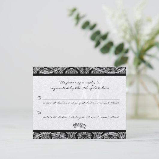 Monogram Zwart Damast Wedding Response RSVP (Staand voorkant)