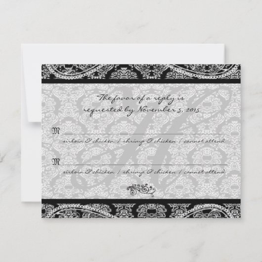 Monogram Zwart Damast Wedding Response RSVP (Achterkant)