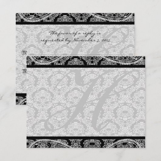 Monogram Zwart Damast Wedding Response RSVP (Voorkant / Achterkant)