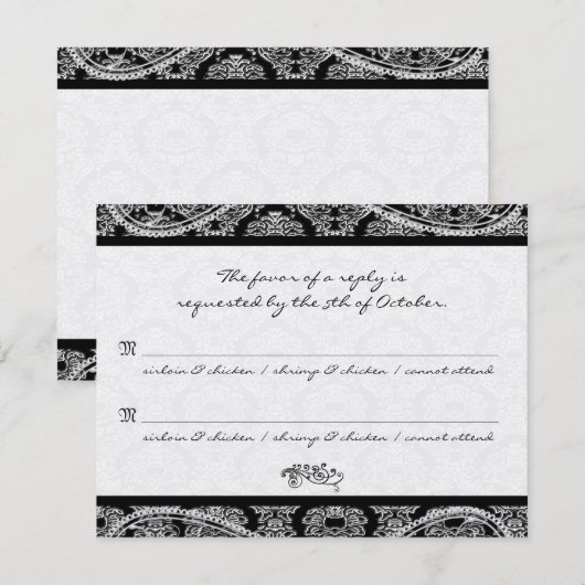 Monogram Zwart Damast Wedding Response RSVP (Voorkant / Achterkant)