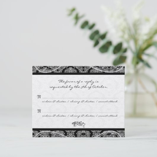 Monogram Zwart Damast Wedding Response RSVP (Staand voorkant)