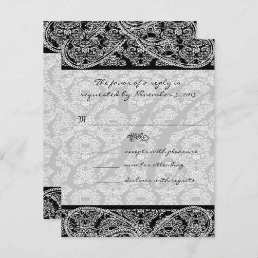 Monogram Zwart Damast Wedding Response RSVP (Voorkant / Achterkant)
