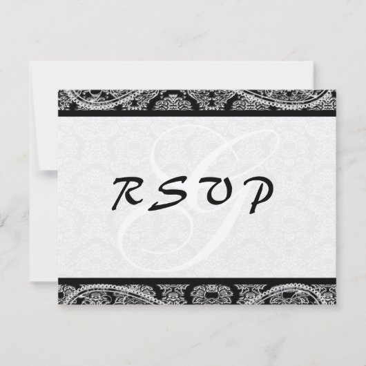 Monogram Zwart Damast Wedding Response RSVP Kaartje (Voorkant)