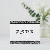 Monogram Zwart Damast Wedding Response RSVP Kaartje (Staand voorkant)