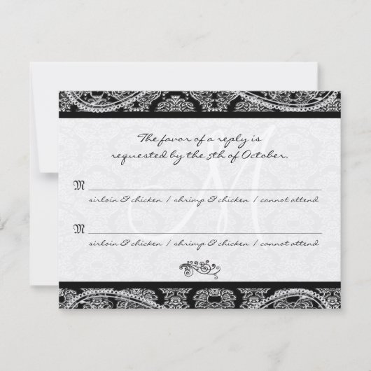 Monogram Zwart Damast Wedding Response RSVP Kaartje (Voorkant)